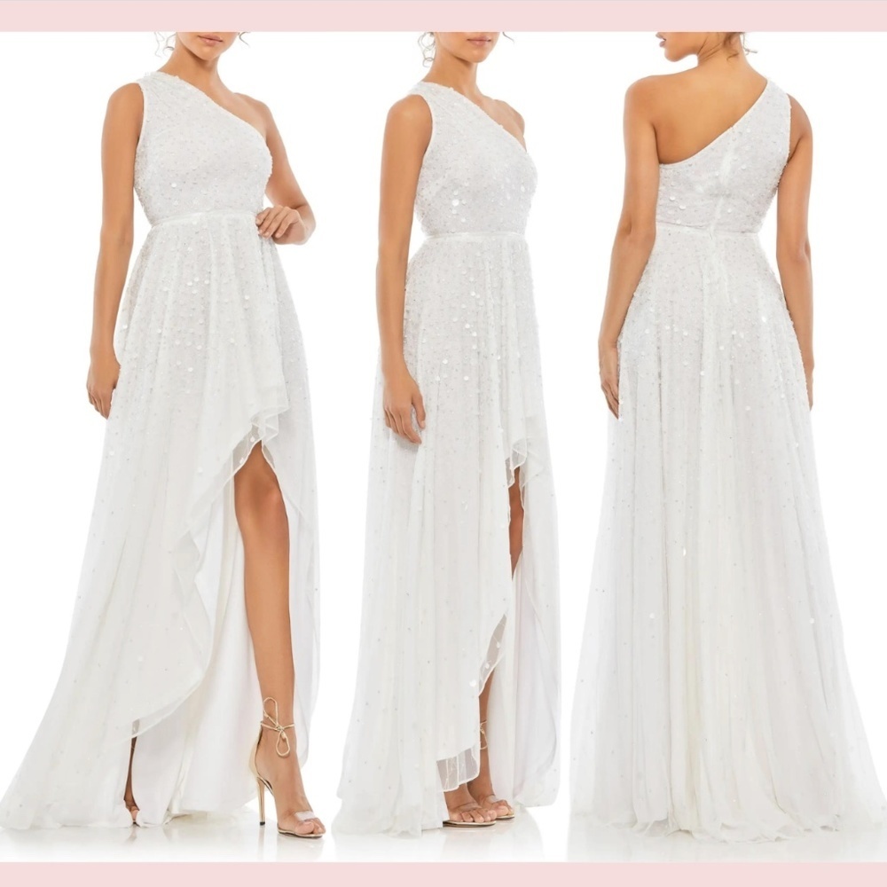 NEW $398 Mac Duggal‎ [ 2 ] Embellished One Shoulder High-Low Gown White